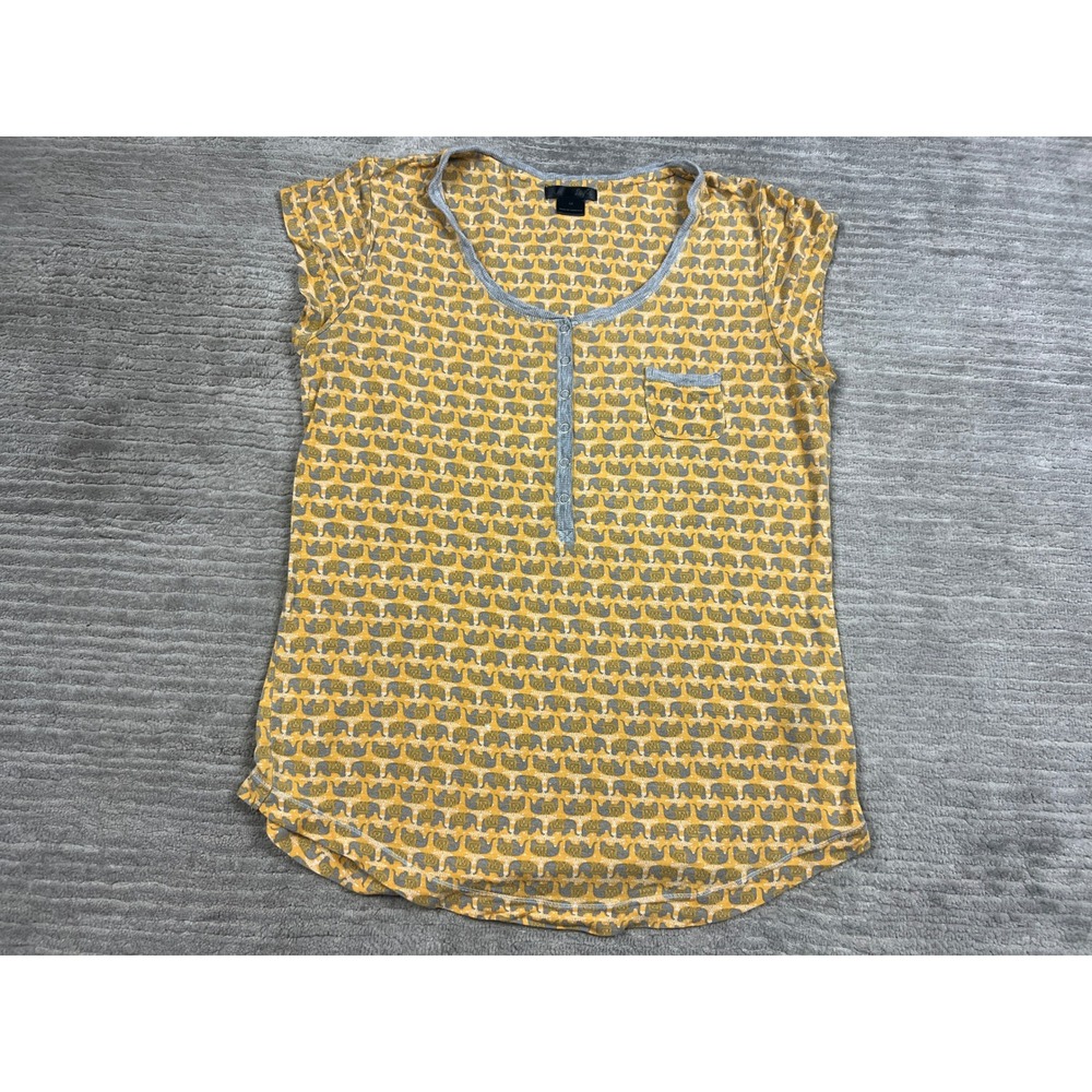 Layla‎ Henley Top Womens Medium Yellow Elephant Print Short Sleeve Rayon Spandex